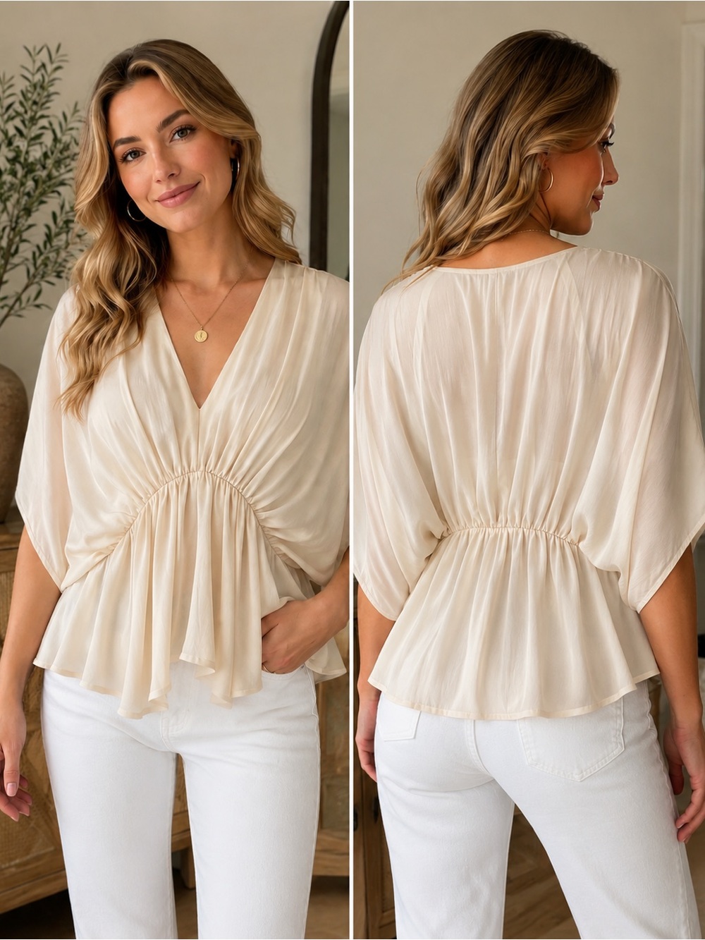 She and Sky Cream Gathered Peplum V-Neck Blouse